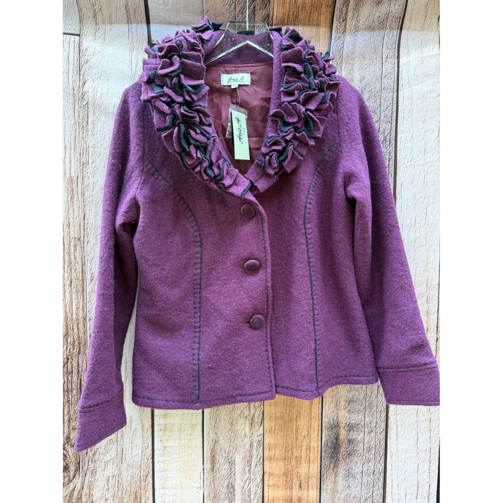 Ania A Jacket 100% Wool Ruffle Collar Art to Wear Purple Artsy Fall Boho XL NWT